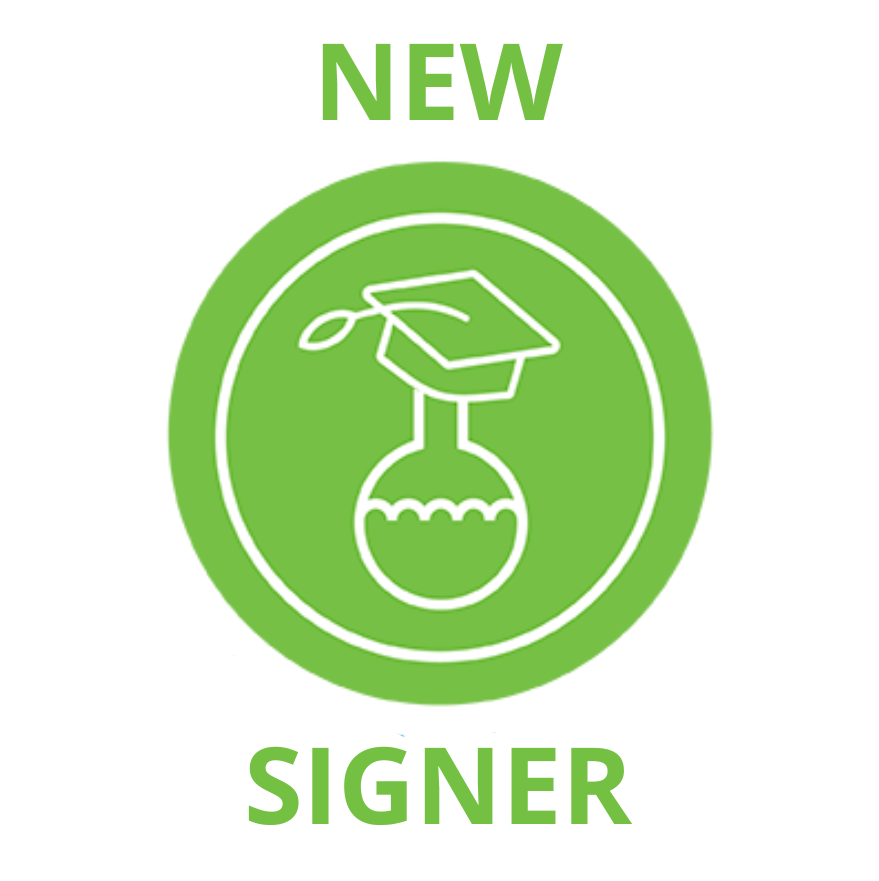 new green chemistry commitment signer logo green circle with white outline of flask with a graduation cap