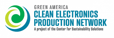 Green America Clean Electronics Production Network logo in blue text with green swirl graphic on the left