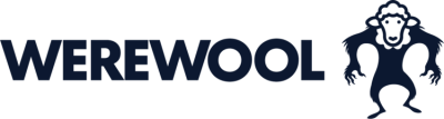 Werewool logo, text on the left with a werewolf logo on the right