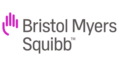 Bristol Myers Squibb logo with pink outline of a hand next to company name in black text