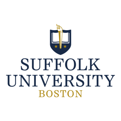 Suffolk Univerity logo with university crest and text in blue and yellow below it