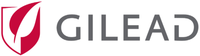 Gilead company logo with red and white leaf inside a red and white shield with grey text to the right