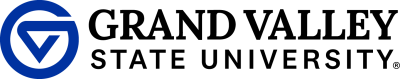 Grand Valley State University logo with black text next to a circular blue icon