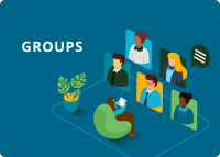 An illustration of a person sitting in a chair facing a display of five other people