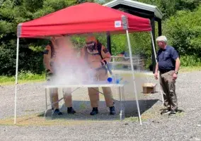 Screenshots from the Boston Department of Fire Services. Two demonstrators produce a dangerous explosion during a police safety training.