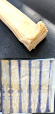 Top image: orange fabric mordanted with iron, bottom image: an orange and blue striped cotton handkerchief