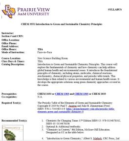 Page 1 of Green Chemistry Syllabus image
