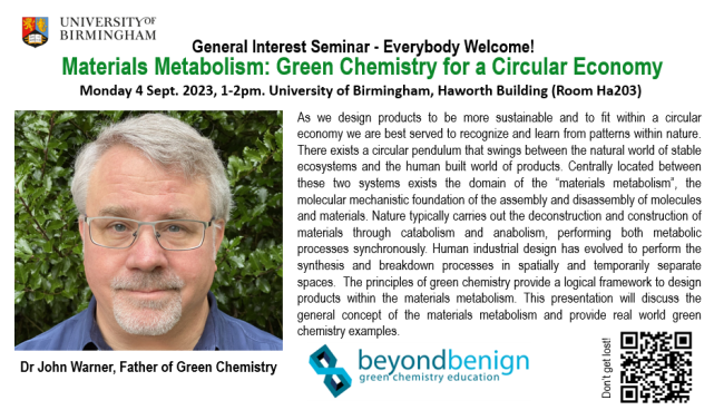 A man with grey hair and beard wearing glasses. The event description and title follows, with the beyond benign logo and a qr code reading: don't get lost! University of Birmingham logo in top lefthand corner.