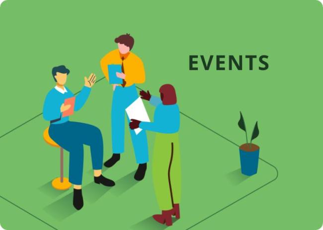 Cartoon people are standing and talking in an office setting against a green background. Text reads: Events