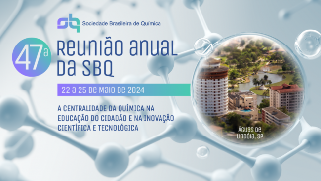 A photo of a tropical city sits against a white molecular background. on the left text reads in portugese: ReUnião anuaL Da SBO 22 a 25 De MaIO De 2024 A CENTRALIDADE DA QUÍMICA NA EDUCAÇÃO DO CIDADÃO E NA INOVAÇÃO CIENTÍFICA E TECNOLOGICA: 