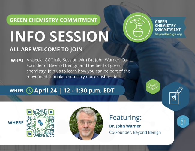 A man, Dr. John Warner, smiles at the camera. He has white hair and skin, a white beard, and is wearing glasses. He stands against a leafy background. White text stands against a photo of a gloved hand holding a glass beaker, text is described in the body of the event description.