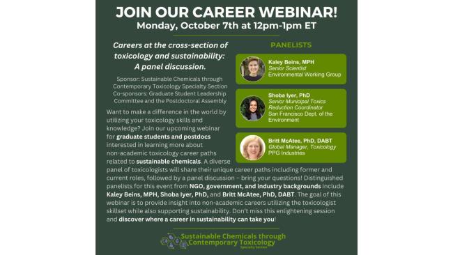 A green info graphic shows three smiling people, in order from top to bottom their names are: Kaley Beins MPH, Shoba Iyer PhD, and Britt McAtee PhD DABT. Large white text reads: Join our career webinar, Monday October 7th at 12pm-1pm ET. the event description follows, which can accessed in full further down the page.