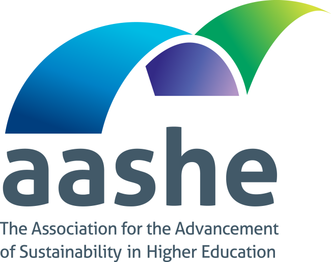 AASHE logo with blue purple and green ribbon over dark text