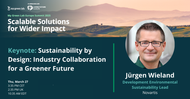 A picture of the keynote speaker, Jürgen Wieland, who is the Development Environmental Sustainability Lead at Novartis. The title of the keynote is: Sustainability by Design: Industry Collaboration for a Greener Future