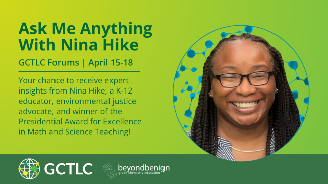 Headshot of Nina Hike on the right, with event description on the left, set against a bright green background.