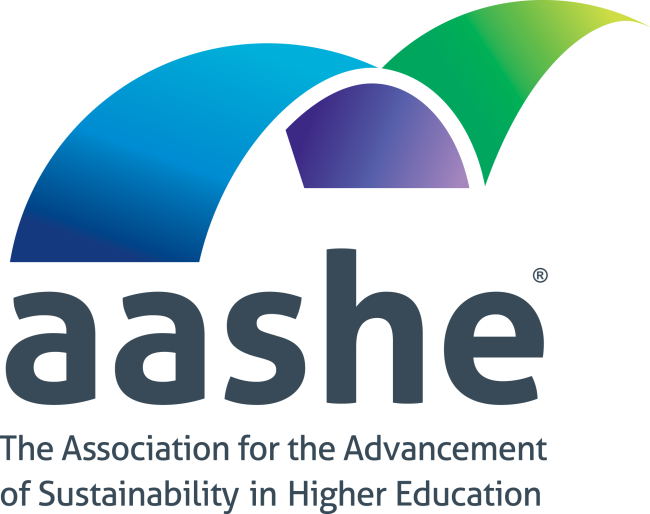 AASHE logo with blue purple and green ribbon over dark text