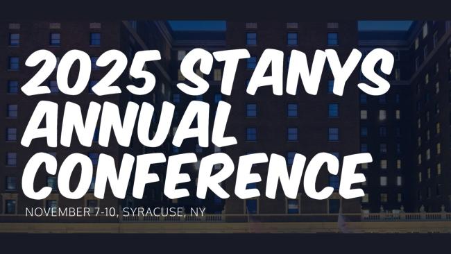 White text against a dark blue photo of a city building reads: 2025 STANYS Annual Conference