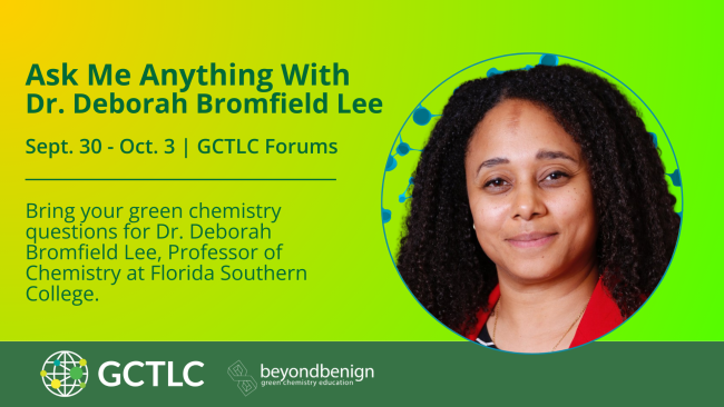 Decorative Image showing a woman smiling against a green background. Text reads: Bring your questions for Dr. Deborah Bromfield Lee, Professor of Chemistry at Florida Southern College
