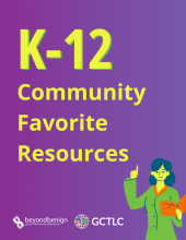 Cover image for K-12 favourites collection with yellow-green text on a purple background and a scientist in a lab coat at the bottom pointing to the text