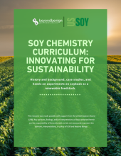 cover image for soy chemistry curriculum with white text on a translucent green background with a soy field behind it